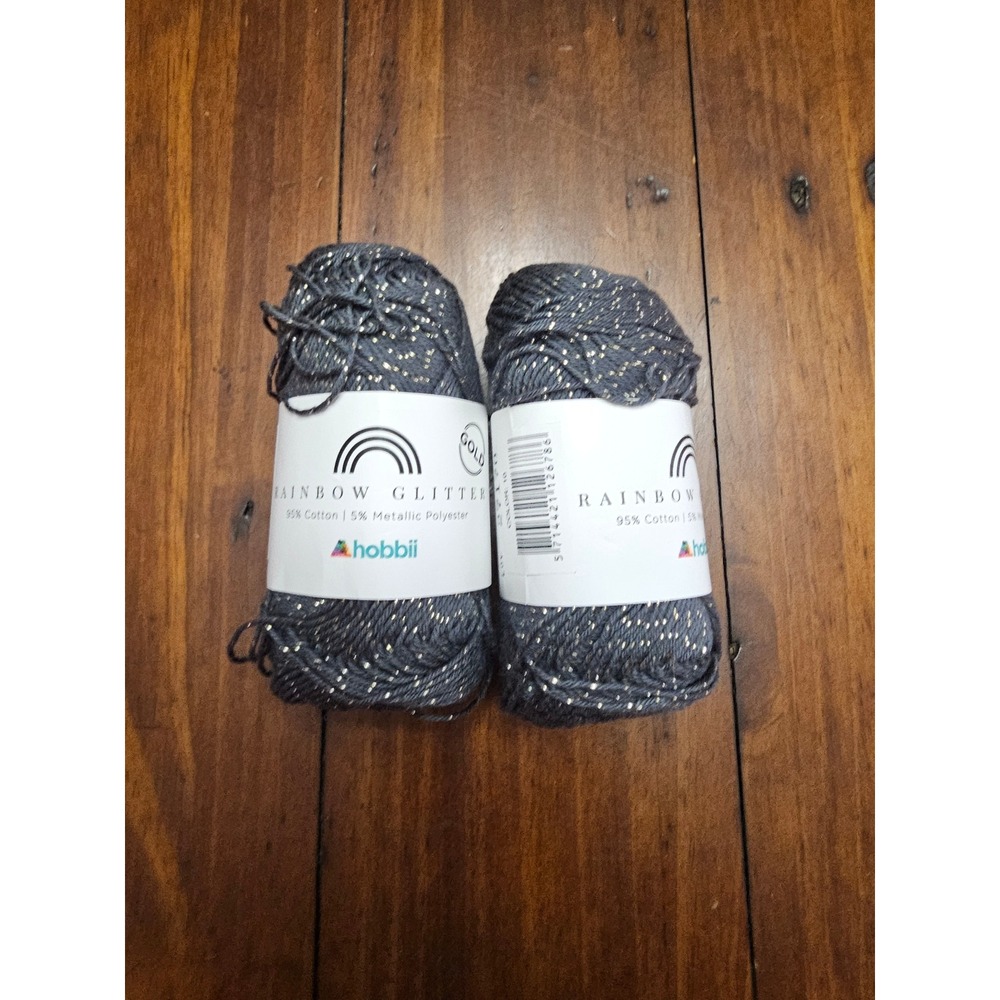 Hobbii Rainbow Glitter Gold Yarn 2 Skeins Charcoal Grey Metallic Cotton Blend